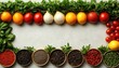 © Lhouis - Fresh food frame with fruits, veg, spices on stone. It's perfect background for food recipes, blogs or restaurant menu.