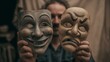 © Luiri Art - Man holding wooden comedy and tragedy theater masks against dark blurred background creating dramatic mysterious atmosphere