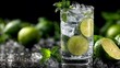 © horizon - Crisp, refreshing image of a gin and tonic cocktail in a tall glass, filled with ice, lime wheels, and a sprig of fresh mint with condensation.