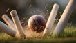 © ModernFiles - Cricket stumps tilting at dramatic angle after glancing blow, one bail already fallen on pitch, second bail suspended in air, ball visible continuing past stumps, motion trails evident