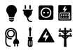 © Bogdan - Various electrical symbols are displayed, including a light bulb, plug, outlet, and screwdriver. These symbols represent tools and equipment used in electrical work.