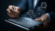 © rafaelnlins - Profissional usando caneta digital em tablet com interface holográfica, representando tecnologia avançada, produtividade, inovação, automação e gestão moderna em ambiente corporativo