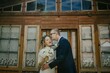 © Raivo - Bride and groom joyfully embrace outdoors, surrounded by rustic wooden architecture, showcasing love and celebration in a charming wedding atmosphere with floral bouquet