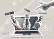 © mitay20 - Breaking news concept with reporter hands holding microphones on screen laptop isolated vintage halftone dotted effect retro collage cut-out element for current event urgent update live announcement.