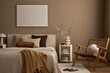 © FollowTheFlow - Neutral bedroom interior with rattan armchair,  mix of decorative pillows, layered blankets and soft lighting.