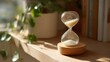 © filmanana - Time Management Concept – Calm Hourglass on Wooden Shelf in Sunlit Home Office, Minimal Natural Light for Focus, Productivity, Mindfulness, and Deadline