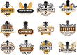 © Vector Tradition - Country music club icons with vector acoustic guitars. Old american bar, cowboy saloon and night club isolated symbols set. Western folk and country music guitar instruments, golden wings and picks