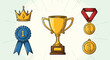 © MinixT - Hand-drawn set of first place awards and trophies, including a gold cup, medals, a crown, and a blue ribbon in a vintage style.