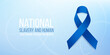 © Elena - National slavery and human trafficking prevention month concept. Banner with blue ribbon awareness and text. Vector illustration.