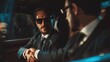 © LimeSky - Discreet investigator in shades negotiating in upscale vehicle with elite client Security detail sleuth advisor