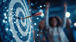 © Nattapol - Arrow hits bullseye on target for business success. happy team celebrates winning achievement, reaching goal with perfect accuracy