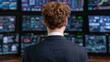 © justjupiter - A suited trader stands with back to camera, facing multiple monitors showing stock charts and data in a finance trading room.