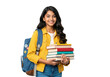 © sujon1638 - Smiling indian teenage girl with backpack and stack of books ready for school or university isolated on black background