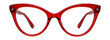 © OMD - Red cat-eye glasses with clear frames and silver accents.