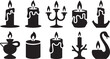© KDP Coloring Pages - Ten black silhouette candles and decorative holders including a swan shape Keywords: candle, candles, candelabra, flame, fire, light, burning, wax, dripping, holder, dark, glow, ambiance, romantic