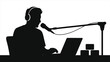 © Tanver - Silhouette of male podcaster recording audio in home studio with microphone and laptop. Vector illustration of man streaming, gaming, or broadcasting radio show with headphones and computer.
