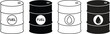 © Mon Amour - Oil barrel icons in outline and silhouette styles. Industrial oil drum vector illustration metal barrel liquid storage container fuel tank icon isolated on transparent background.