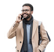 © kite_rin - Young handsome student man using smartphone isolated in transparent PNG, Cheerful businessman wearing warm clothes talking on mobile phone, Smiling joyful guy autumn portrait