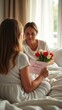 © Fotograf - A woman sits on a bed, holding a bouquet of fresh flowers