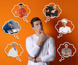 © New Africa - Young man thinking about career options on dark orange background. Thought bubbles with people of different occupations around him. Choice of profession