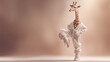 © Monktwins - Giraffe in white outfit dancing, blurred pastel brown background with copy space.