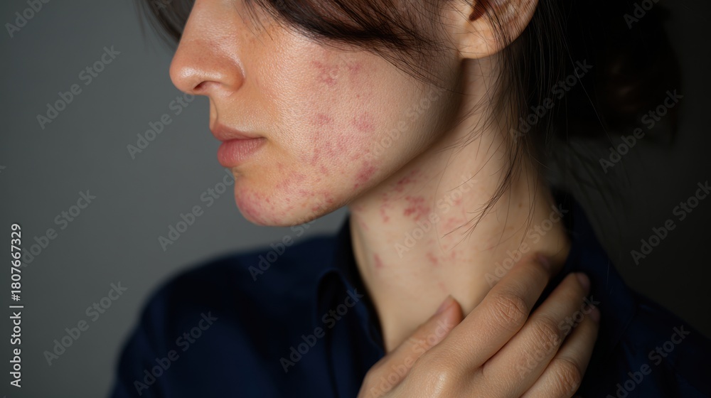 Close up of young woman with characteristic red lupus rash on cheeks ...