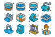 © Тимур Кунець - Isometric Wastewater Plant Icons. Wastewater treatment plant. Colorful isometric vector icons set of Wastewater treatment plant: primary clarifier, aeration