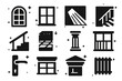 © Тимур Кунець - Architectural Icon Grid. Window Light in Architecture. Solid icons set of Window Light in Architecture: arched window, steel mullions, skylight ray, staircase,