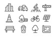 © Coosh448 - Urban Design Icons. Barriers and Solutions in Urban Design. Line icon set of Barriers and Solutions in Urban Design: city skyline, traffic jam, pedestrian
