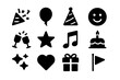 © Viacheslav - Celebration Icons Grid. Celebration. Solid icon set of celebration: confetti, balloon, party hat, smile face, clinking glasses, star, music note, cake,