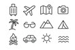 © Настя Шевчук - Weekend Getaway Icons. Weekend getaway. Line icon set of weekend getaway: suitcase, airplane, map, camera, palm tree, sunglasses, mountain, tent, campfire,
