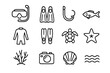 © Влада Яковенко - Snorkeling Icon Set. Snorkeling adventure. Line icon set of Snorkeling adventure: snorkel mask, fins, snorkel tube, wetsuit, flippers, fish, coral, sea turtle,