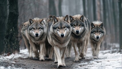  A pack of wolves walking through a winter forest in a natural environment