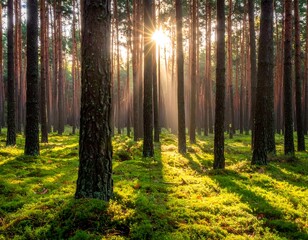  Sunbeams stream through a dense forest of tall, straight trees