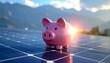 © Tomii - Pink Piggy Bank on Solar Panel with Mountain Backdrop.