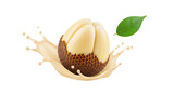 Delicious and refreshing salak fruit splashing into creamy liquid, surrounded by a light green leaf, highlighting its unique texture and juicy appeal