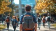 © Arslan - Back view of a student with backpack walking on campus in autumn with other students blurred behind him