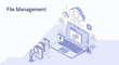 © Team Work - Isometric illustration of file management system with laptop, cloud storage, and document transfer, showcasing data security and efficient organization
