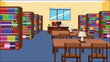 © SisterStroke - Library Front View Collage School Study Room Bookshelf Table And Desk Vector
