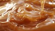 © Chaikit - a highly detailed close-up of caramel sauce pouring in slow motion, forming thick, glossy waves that freeze mid-motion, with highlights emphasizing its rich, buttery texture