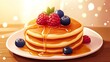 © Chaikit - a playful, kawaii-style illustration of a sweet pancake dish, syrup cascading down in smooth waves, fresh berries resting on top, soft highlights emphasizing the warm golden hues