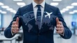 © anissaikat - Businessman presenting global travel routes with airplane and world map