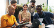© DavidsPrime/peopleimages.com - Tech, marketing team or meeting in creative agency to review proposal, plan project or brainstorming. Collaboration, brand awareness or happy people with campaign ideas, laptop or tablet for strategy