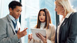 © FlexOn/peopleimages.com - Business people, lawyer or conversation in office with tablet for advocacy, legal case or manager advice. Team, tech and discussion with attorney management for lawsuit plan, legislation or feedback.