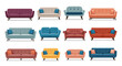 © Power Clipart - Large collection of colorful modern sofas and couches with pillows in various styles isolated on a white background.