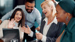 © FlexOn/peopleimages.com - Laptop, video call and wave with business people in office for financial webinar or workshop. Computer, greeting and smile with happy employee team in workplace boardroom together for virtual meeting