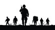 © KHAYRUN - Silhouette of a military unit walking through a field isolated on white background, showcasing teamwork and combat readiness in a war zone