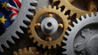 © JAYDA RIN - Metal gear mechanism with European and British flags symbolizing cooperation and connection in industry and technology