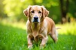 © boxs - Loyal Retriever Dog Exploring a Sunlit Meadow with a Dropped Tennis Ball A golden retriever dog with a focused expression, standing in a sun drenched meadow filled with tall green grass. A bright