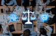 © InfiniteFlow - Diverse professionals engage in a business meeting, analyzing data charts while incorporating AI and legal concepts, highlighting innovation and teamwork in decision-making. Trope